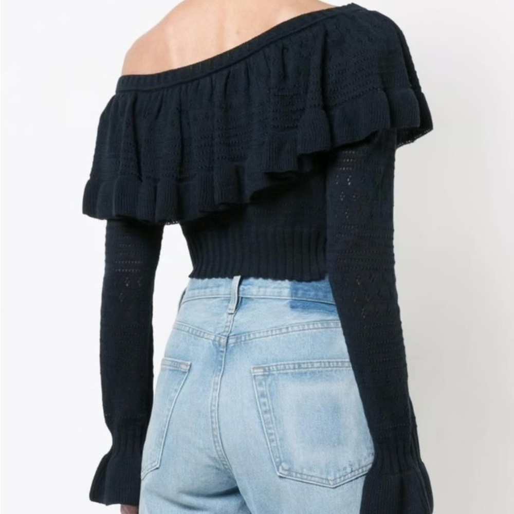 LoveShackFancy Rory Off the Shoulder Knit Ruffle Sweater - Picture 3 of 15